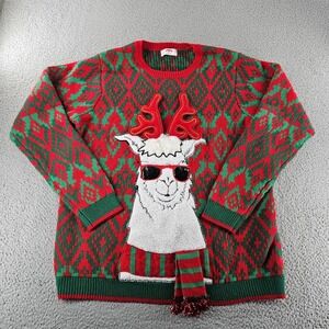 Holiday Time Ugly Christmas Sweater Men XL Red Reindeer Llama Fuzzy Tail Holiday